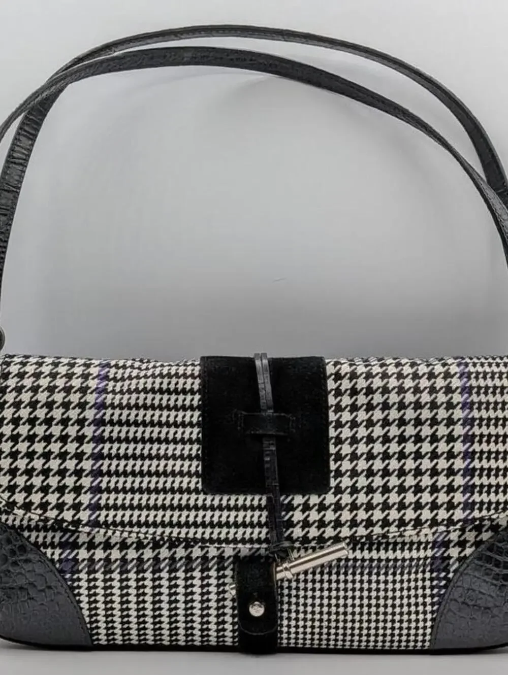 Lauren Ralph Lauren $298 Y2K Black White Purple Houndstooth Leather Accent Bag - Picture 1 of 10